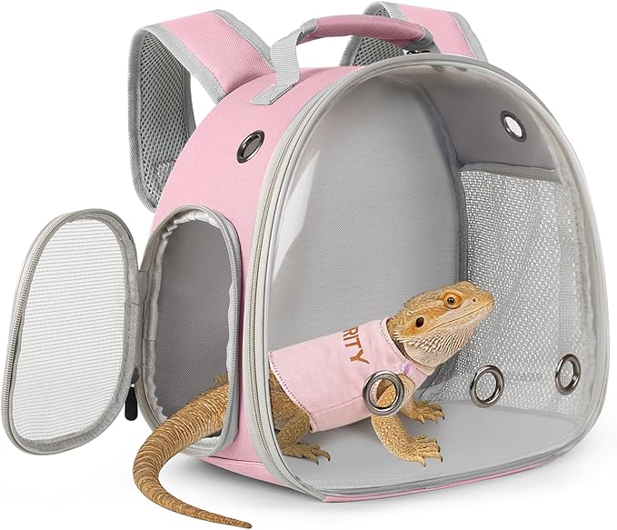 Bearded Dragon Carrier Backpack with Security Printing Harness Set, Reptile Lizard Travel Carrier (Pink, Security Harness)