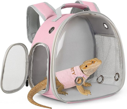 Bearded Dragon Carrier Backpack with Security Printing Harness Set, Reptile Lizard Travel Carrier (Pink, Security Harness)