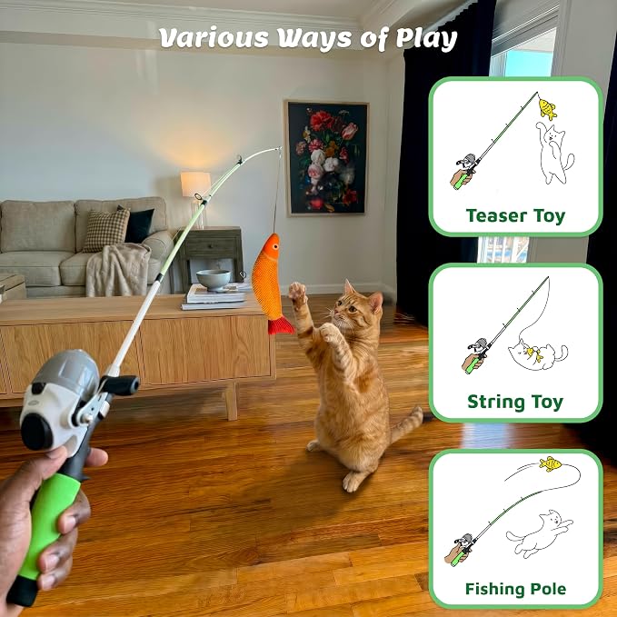 Meowy Cat Wand Toy – Cat Fishing Pole Toy with Reel The Cat Fish Fishing Rod, Telescopic Fiberglass Interactive Teaser Wand for Indoor Cats with Catnip Dental Mesh Attachments - Image 6