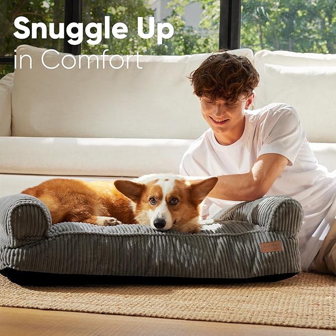 FUKUMARU Cute Dog Bed, Thickened Orthopedic Dogs Couch, 36in Egg Crate Foam Pet Sofa for Medium to Large Dogs, Waterproof Warm Corduroy Pet Bed with Washable Cover, Dark Grey