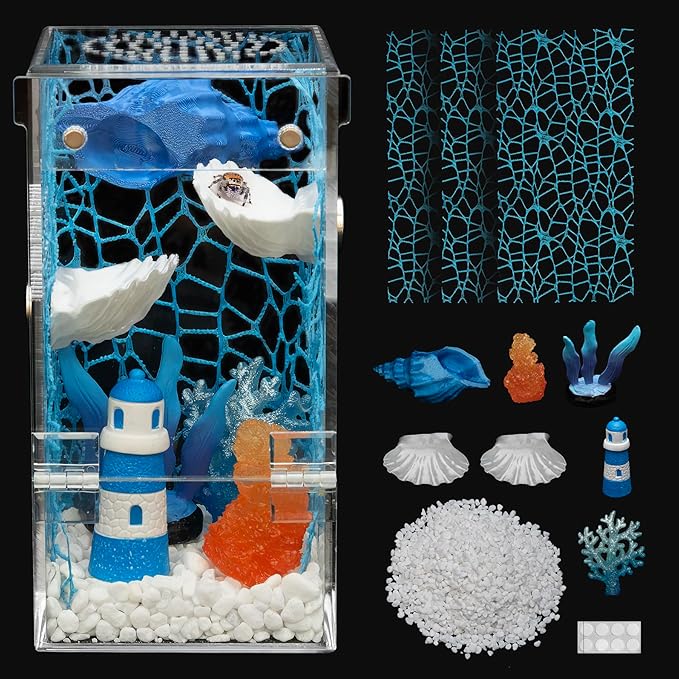 Small Jumping Spider Enclosure Kit,Escape Proof Reptile Tank,Praying Mantis Terrariums,Transparent Acrylic Bug Habitat,Arboreal Tarantula Cribs Cage,Insect Starter Container,Critter Keeper Sea