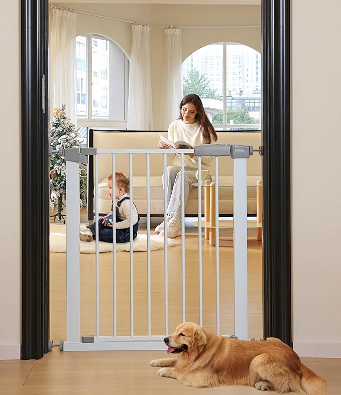 30.47"-32.64" Baby and Pet Safety Gate, 30" Tall Metal Walk-Thru Gate for Doorways & Stairs, Easy One-Hand Open, Dual Lock (Gray, 29" W x 30.5“H)