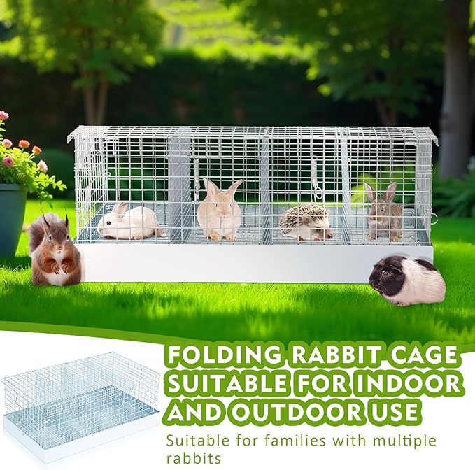 DoubleFill 4 Hole Folding Rabbit Transport Cage, 28 x 16 x 12 in Portable Rabbit Bunny Carrier with Tray and Handles for Travel Temporary Housing, Indoor Outdoor Pet Habitat Animal Enclosure