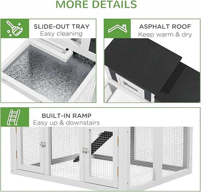 Small Chicken Coop for 2 Chickens,Wooden Chicken Coops with Nesting Boxes Indoor Outdoor,Bunny House Rabbit Hutch Poultry Pet Run Cage with 2 Waterproof Roof, Stairs&Leak-Proof-Tray (White)