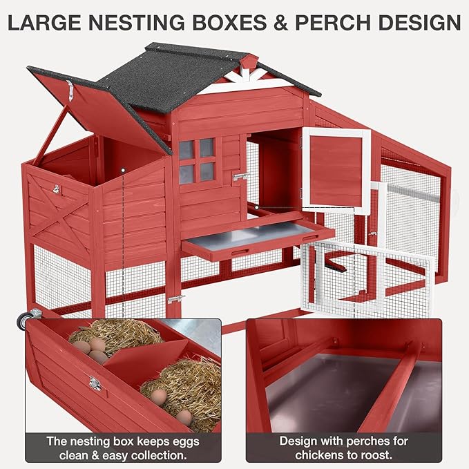 Mobile Chicken Coop with Wheels, Wooden Chicken House with Run, Large Hen Cage with UV Proof Roof and Leak-Proof Tray, Outdoor Chicken Coops with Nesting Box for 2-4 Chickens (Red)