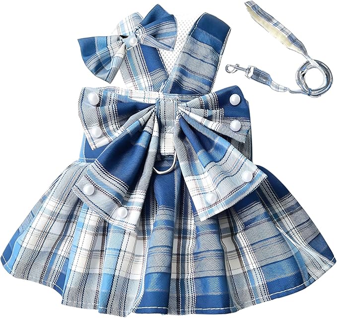 PETCARE Cute Dog Dress Clothes for Small Dogs Cats Girl Female Blue Plaid Bow Tie Dog Harness Dresses Leash Set with Pearls Bow Accessories Birthday Puppy Dress Shih Tzu Yorkies Chihuahua Outfits