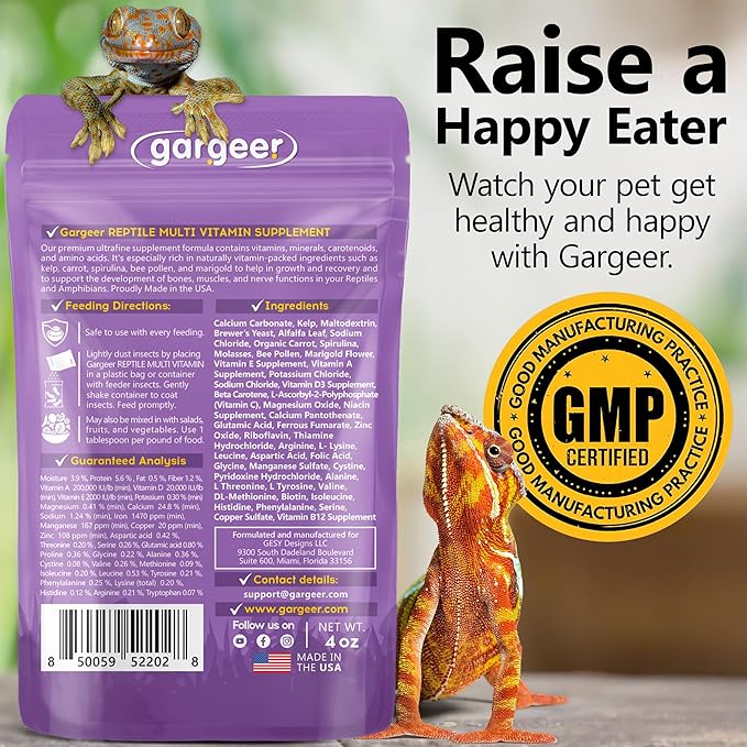 Gargeer 4oz All Reptile & Amphibian Multi-Vitamin Powder. Premium Supplement, Supports Growth, Recovery, and Development. Boosted with Minerals, Carotenoids, and Amino Acids. Made in USA. Enjoy!