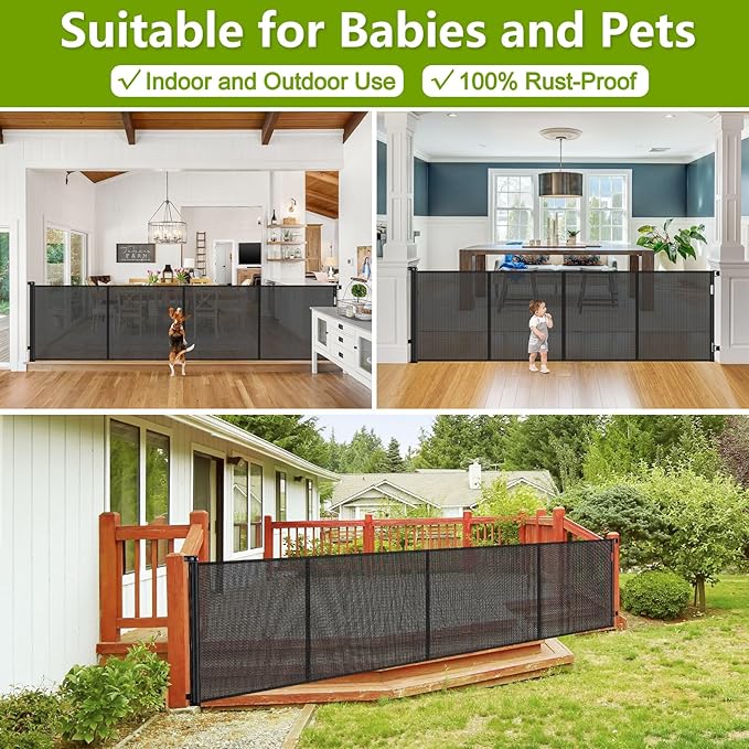 Reinforced 42" Tall Retractable Baby Gates Extra Wide Dog Gate with Support Rods - Prevent Crawling Under, 175" Extra Long Baby Gate Tall Dog Gate Indoor Retractable Fence Outdoor Garage Gate, Black