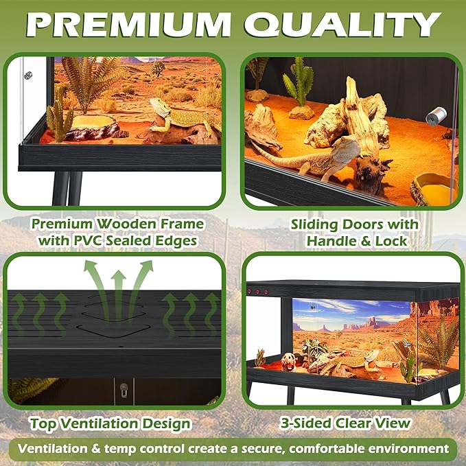 Royxen Bearded Dragon Tank, 82 Gallon Reptile Tank with Leg Stand,Built-in Lighting Reptile Enclosure, Tempered Glass Bearded Dragon Encloure for Chameleon (Black,48"x 20"x 20")