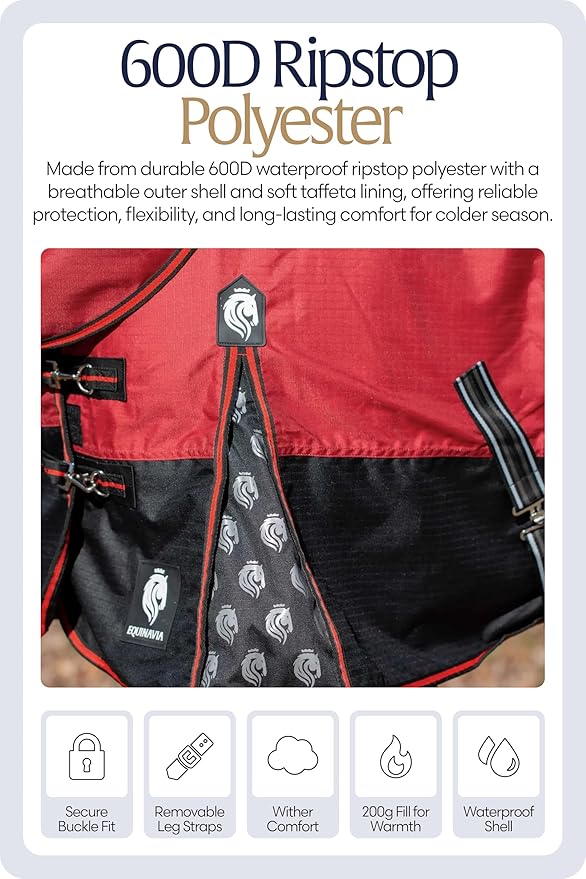 Equinavia Norse 200g Medium Weight Horse Blanket | Waterproof Winter Turnout - Black - 66 in - Equestrian Red - 75 in