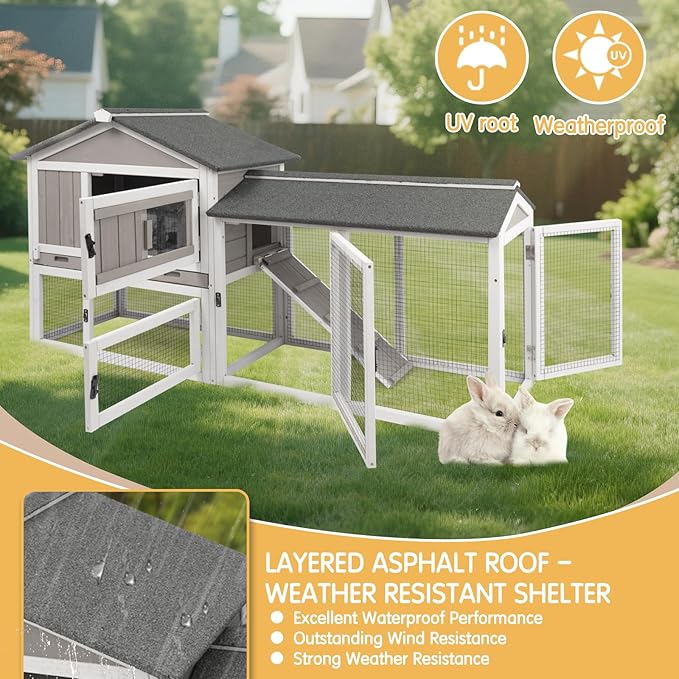 Gowoodhut Rabbit Hutch Indoor Outdoor 57 "L Bunny Hutch with Pull Out Tray,2 Story Wooden Rabbit Cage with Asphalt Roof,Guinea Pig Cage with Ventilation Doors,Ramp for Small Animals(Grey)