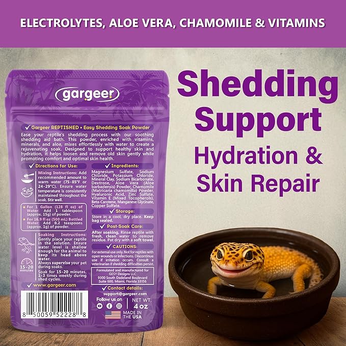 Gargeer 'ReptiShed' Shedding Aid Soak Powder for Reptiles | Stuck Shed Remover for Dragons, Geckos, Lizards, Snakes | Aloe, Chamomile, Hyaluronic Acid | Bath Supplement | Made in the USA. Enjoy!