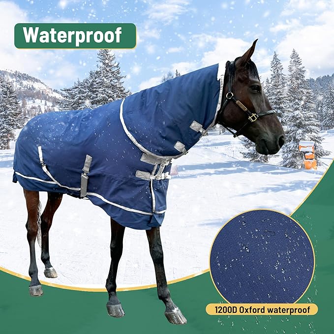 1200D Horse Turnout Blanket with Detachable Neck Cover, Medium Weight Water-Resistant Blanket，Winter Horse Blanket for Real Horses(78in/145cm)