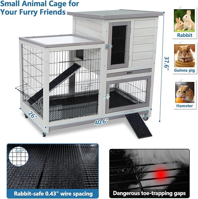 FunXplore Rabbit Hutch Indoor Outdoor Bunny Cage with Urine Guards 2 Storey Mobile Guinea Pig Cage Weatherproof Asphalt Roof Wire Bottom 2 Trays
