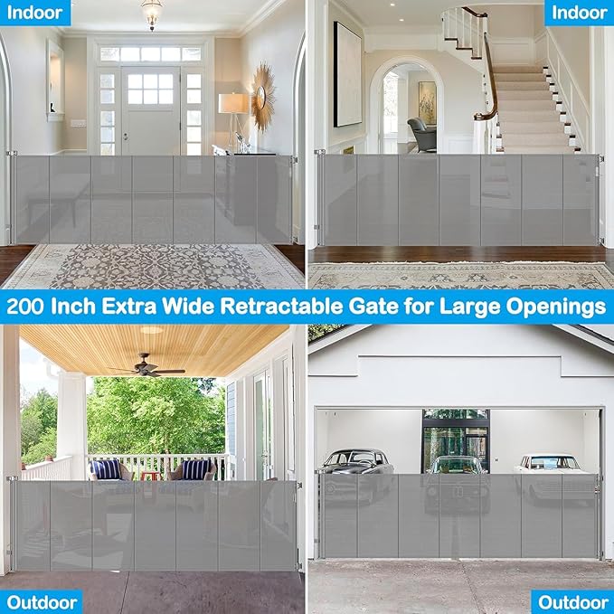 Reinforced 42" Extra Tall Retractable Baby Gate-Prevent Crawling Under, 200" Retractable Pet Gates for Wide Openings, 16ft Mesh Child Gates for Wide Openings, No Bottom Bar Indoor/Outdoor Baby gate