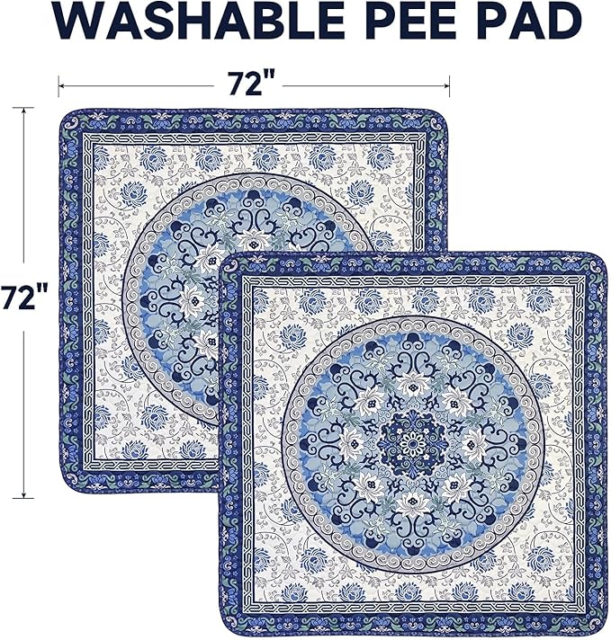 Washable Pee Pads for Dogs,72"x72" Waterproof Non-Slip Reusable Puppy Pad with Fast Absorbent,Leakproof Whelping Pads for Pet Housebreaking (Indigo Blue Medallion, 72"x72"(Pack of 1))