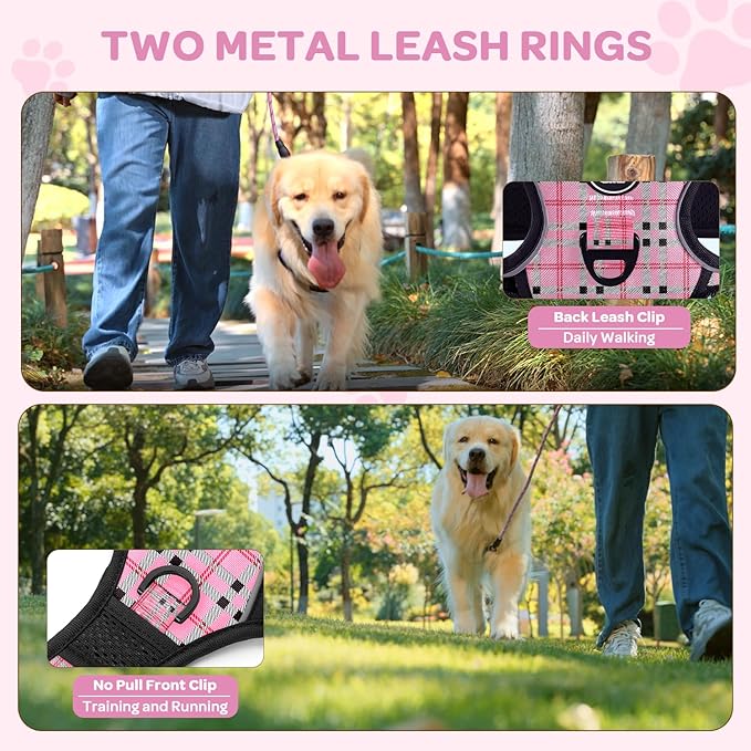FURRYFECTION Plaid Dog Harness for Small Dogs, Reflective No Pull Adjustable Pet Vest with Front Clip, Leash, Easy Control Handle and Seat Belt, Pink&Black, S