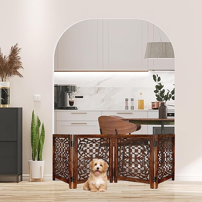 Lightnpro Foldable Carved Wooden Dog Gate with Stopper - Freestanding Indoor Pet Barrier for Home, Adjustable Dog Fence for Stairs, Doorways & Hallways - 24x18 Inch (4 Panels) Natural Burnt