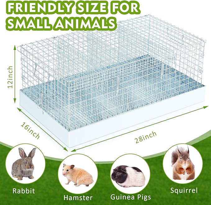 DoubleFill 4 Hole Folding Rabbit Transport Cage, 28 x 16 x 12 in Portable Rabbit Bunny Carrier with Tray and Handles for Travel Temporary Housing, Indoor Outdoor Pet Habitat Animal Enclosure