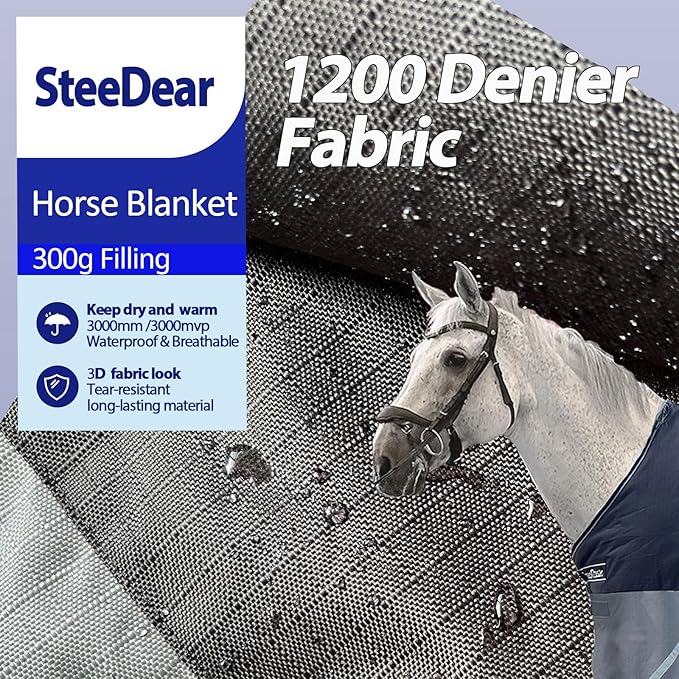 300g Fill 1200D Mid-Heavy Weight Winter Waterproof and Breathable Horse Blanket Belly Straps| Turnout Blankets with Reflective Strips (Black/Gray, 81'')