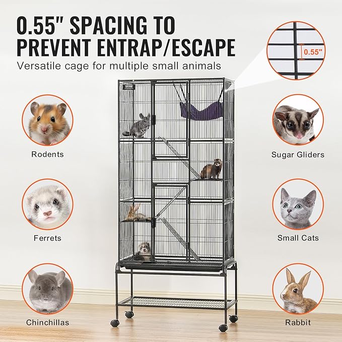 VEVOR 69" Rolling Metal Ferret Cage, Large 4-Tier Cage, Small Animal Cage with Ramps & Tray, Easy to Set up for Pet Mice, Hamster, Guinea Pig, Chinchilla, Squirrel, Hedgehogs, Bunny