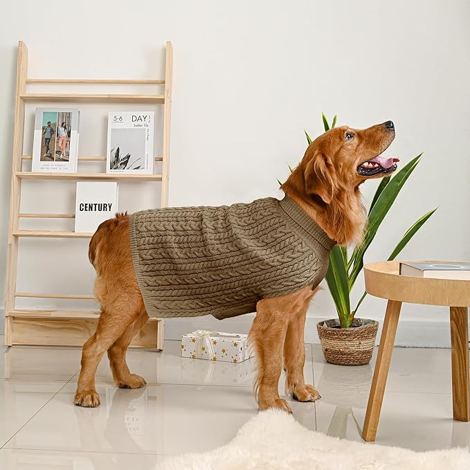 2 Pack Dog Sweaters for Large Dogs Winter Turtleneck Pullover Cable Knit Fleece Stretch Pitbull Labrador Golden Retriever Doberman Bulldog Boy Girl Pet Clothes (XL, Green & Brown)