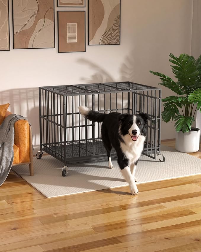 38 in Heavy Duty Dog Crate Steel Escape Proof, Indoor Double Doors and Lockable Wheels,Removable Tray, for Small and Medium Dog Breeds