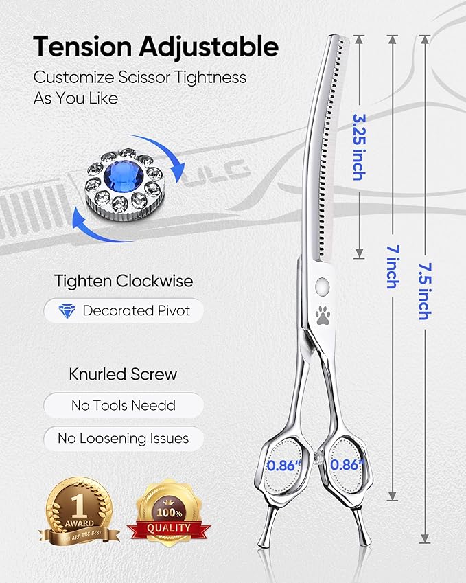 ULG Curved Thinning Dog Shears for Grooming, 7 Inch Professional Curved Thinning Dog Grooming Scissors for Blending and Thinning, 40-Tooth 15%-20% Rate 440C Stainless Steel Pet Hair Scissors