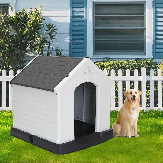 ZENY Plastic Dog House - Waterproof Dog Kennel with Air Vents and Elevated Floor All Weather Indoor Outdoor Insulated Doghouse Puppy Shelter, Easy to Assemble (Grey, 28inch)