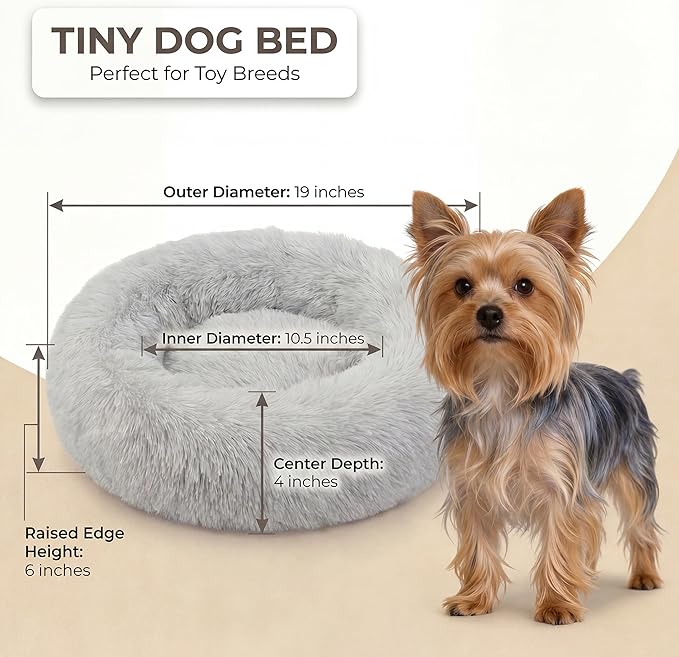 Extra Small Dog Bed Cute Grey Dog Bed Washable 19 inches Donut Fluffy Small Pet Beds,Calming Anti Anxiety Round Fits up to 10 lbs Soft Warm Pets Beds for Puppy Dogs Indoor