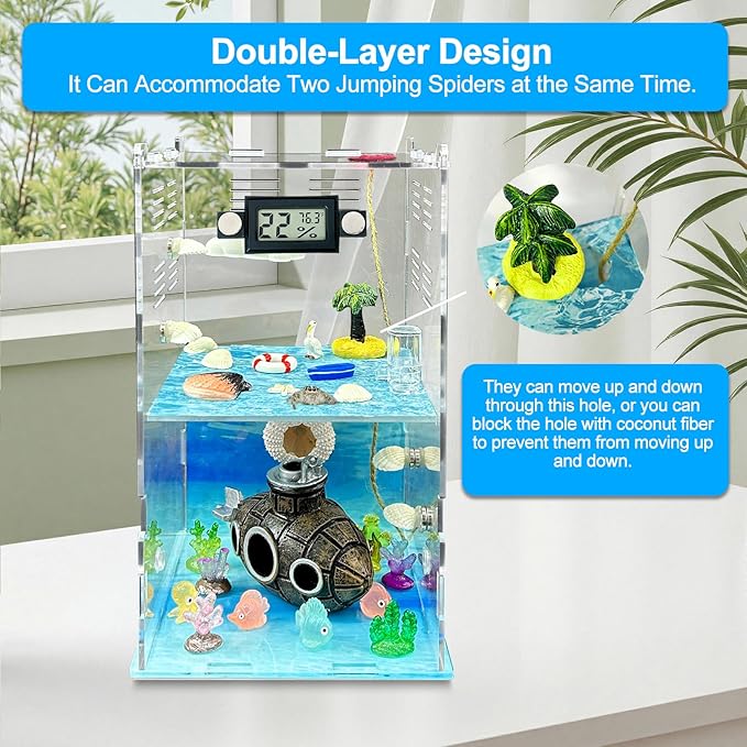 Jumping Spider Enclosure,DIY Insects Habitat,Small Reptile Terrarium Glass House Accessories Set,with Temperature and Humidity Detector Water Feeder Platform Hide,5.5“x5.5”x9.5“ (Ocean)