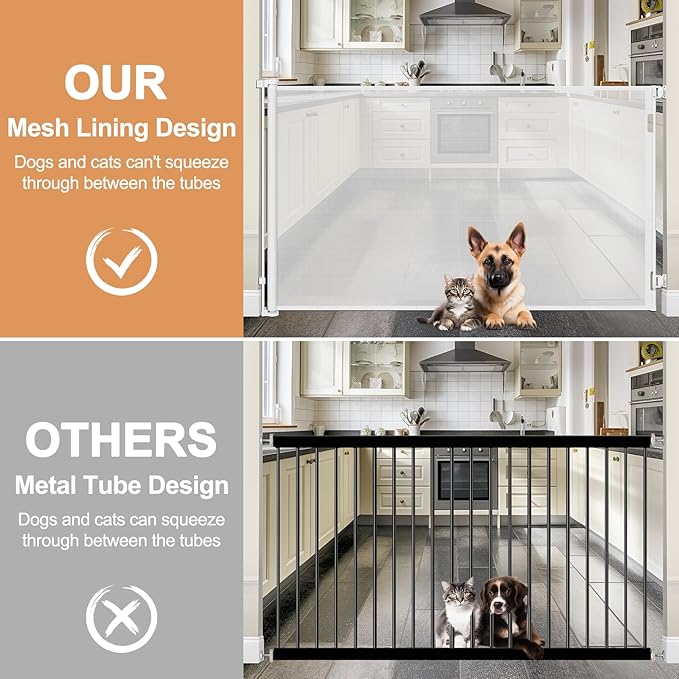 48" Tall Baby Gate for Doorway Retractable Baby Gate No Bottom Bar 4 Ft Extra Tall Gates for Cats 85" Wide Anti-Scratch Mesh Gates for Kids or Pets Prevent Dogs and Cats from Jumping Over, White