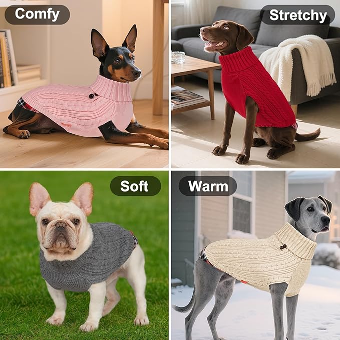 KYEESE Dog Sweater Soft Pullover Dog Sweaters for Small Dogs Girl Warm Turtleneck Small Dogs Sweater with Gingham Patchwork Stretchy Knitwear Cat Clothes Comfy Pet Coat for Fall Winter Cold Weather