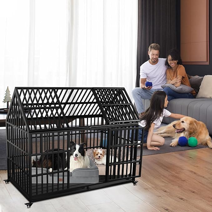 54 Heavy Duty Dog Crate with Mat, Escape Proof Dog Kennel Indoor, High Anxiety Dog Cage with Double Door, Extra Large Crate for Large Dogs with Removable Tray
