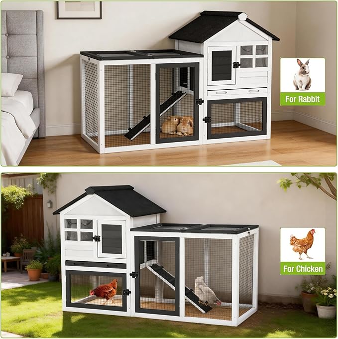 Rabbit Hutch Indoor Outdoor Expandable Bunny Cage 51.6" - Wooden Chicken Coop Small Animal Enclosure with Run for Guinea Pig, Chinchilla, Ferret, Hamster(Black)