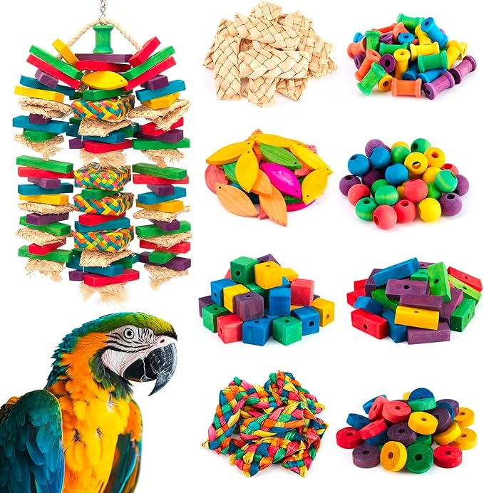 Shappy DIY Bird Toy Making Kit for Parrot 228 Pcs Colorful Multi-Shaped Wood Blocks, DIY Bird Cage Chewing Toys Kit Biting Tearing Playing Training Gifts for Parakeet, Macaws, Cokatoos, African Grey