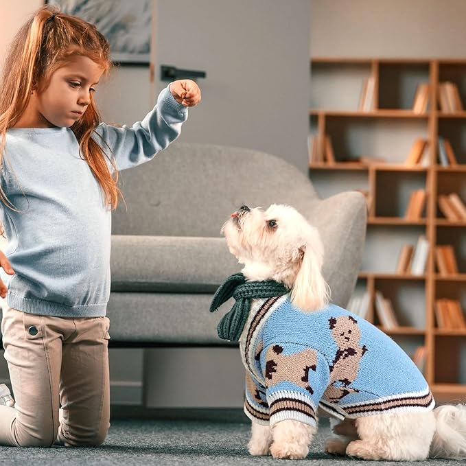 ABRRLO Small Dog Sweaters Cute Bear Dog Cardigans Clothes for Small Medium Dogs Boy Girl Puppy Cat Knitting Cardigan Outfits Dogs Autumn Coats Warm Pet Doggy Clothes Soft Knitwear Apparel (Blue,M)
