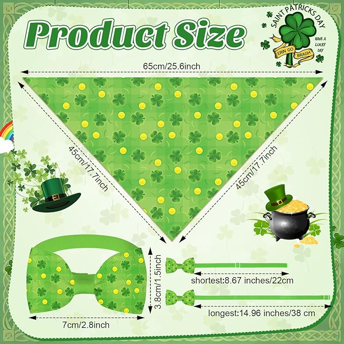 Sanwuta 50 Pcs St. Patrick's Day Dog Bandanas and Collar Bow Ties Set 25 Bandanas Bulk 25 Irish Shamrocks Clover Leprechauns Dog Collar Flower Adjustable Triangle Scarf Bowtie for Small Medium Large