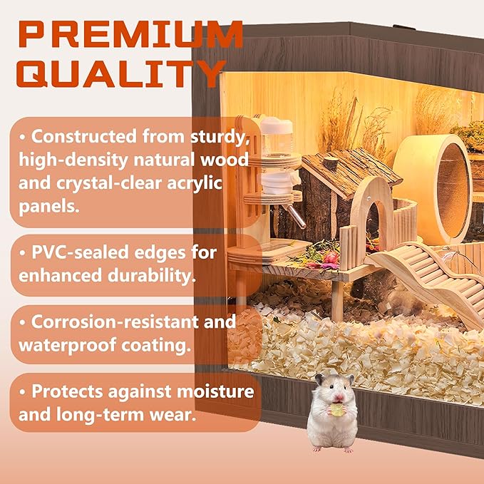 PROLEE Hamster Cage with Chewproof Wood Top, Guinea Pig Cages, Hamster Habitat with Clear Acrylic Sheets Solid Built, Small Animal Cage (Walnut, 32X15.5X15.5 inch)