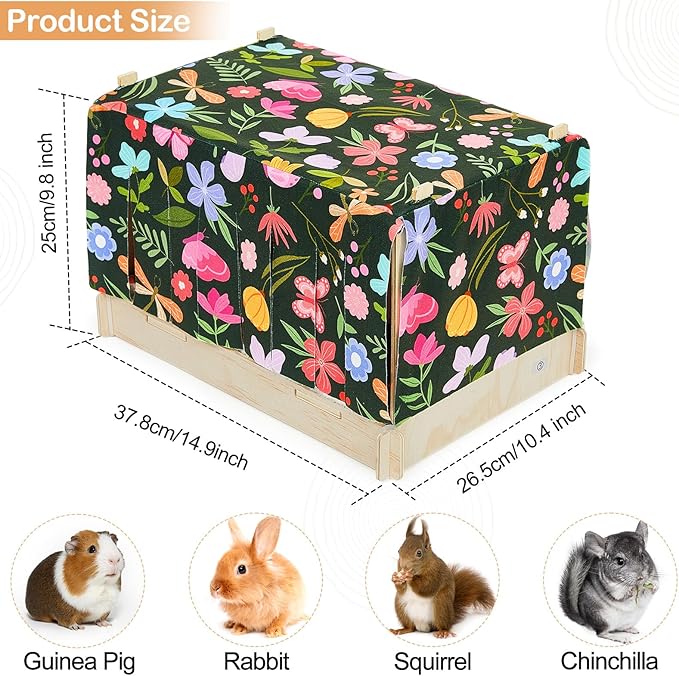 Glittme Guinea Pig Hideout, Wooden Guinea Pig Bed with Waterproof Mat, Durable Rabbit Bed with Door Curtain for Guinea Pig, Rabbit, Ferret, Squirrel, Bunny