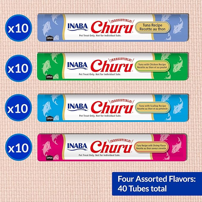 INABA Churu Cat Treats, Lickable, Squeezable Creamy Purée Cat Treat with Green Tea Extract & Taurine, 0.5 Ounces Each Tube, 40 Tubes, Tuna & Seafood Variety Box - Image 6