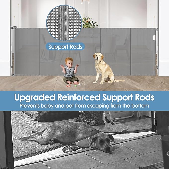 Reinforced 150 Inch Retractable Baby Gates Extra Wide Pet Gate for Large Openings, Extra Wide Retractable Gate for Dog to Prevent Bottom Crawling Through, Long Mesh Child Gate Deck Gate, Gray