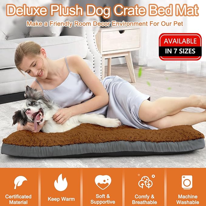 POCBLUE Dog Beds Large Sized Dog, Washable Plush Pet Bed for Crate, Anti-Slip Pet Mat for Cages, Comfy Crate Pad for Outdoor/Indoor/Car Use, Soft Kennel Pad for Dogs Up to 60 lbs, 35"x23", Brown