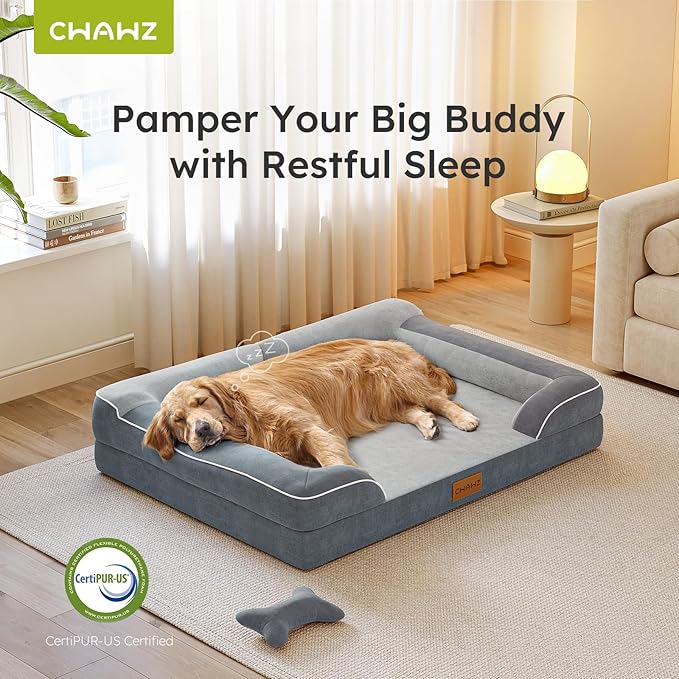 CWAWZ Jumbo Dog Bed for Extra Large Dogs, Orthopedic Dog Bed with Cooling Gel Memory Foam, Waterproof Pet Bed with Removable Washable Cover, 45" Pet Sofa Couch Dutch Velvet with Bone Toy, Dark Gray