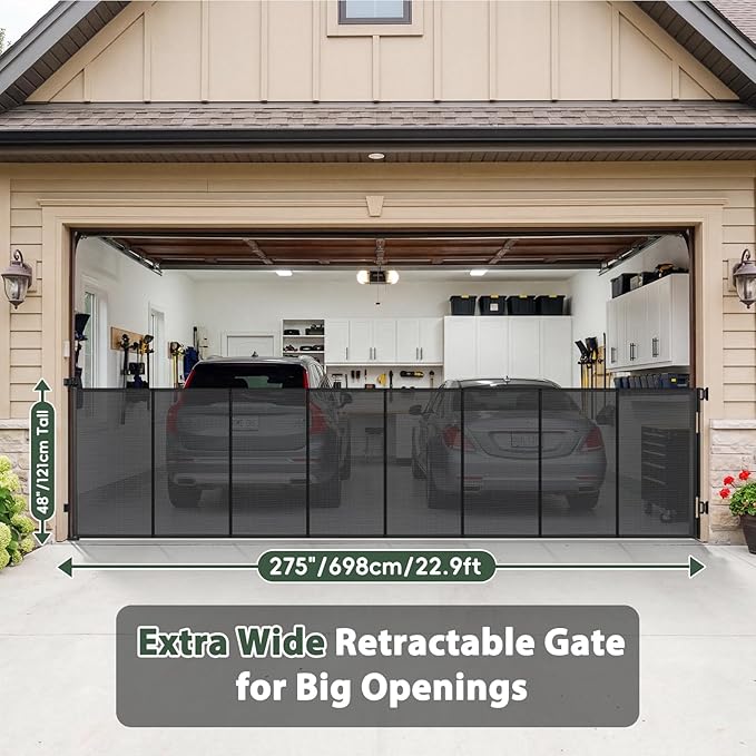 275" Extra Long Baby Gate Retractable Dog Gate, 23ft Retractable Baby Gates Extra Wide Driveway Gate, Reinforced 48" Extra Tall Pet Gate Outdoor Retractable Fence, Garage Gate Wide Dog Gate, Black