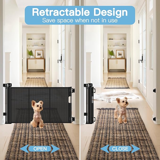 Short Dog Gate 0"-39" Wide Narrow Baby Gate 24” Tall Retractable Short Pet Gate to Step Over Short Baby Gate for Doorway, Low Pet Gate Indoor Doggie Gates Mesh Puppy Gate for Stairs, Black