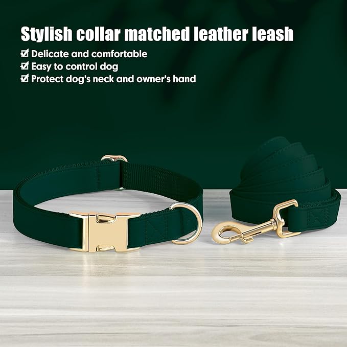 PET ARTIST Soft PU Leather Dog Collar and Leash Set, Bright & Stylish 5FT PU Leather Leash and Collar Set, Durable Pet Collars with Quick Release Metal Buckle for Small Dogs,Christmas Green,S(9"-14")