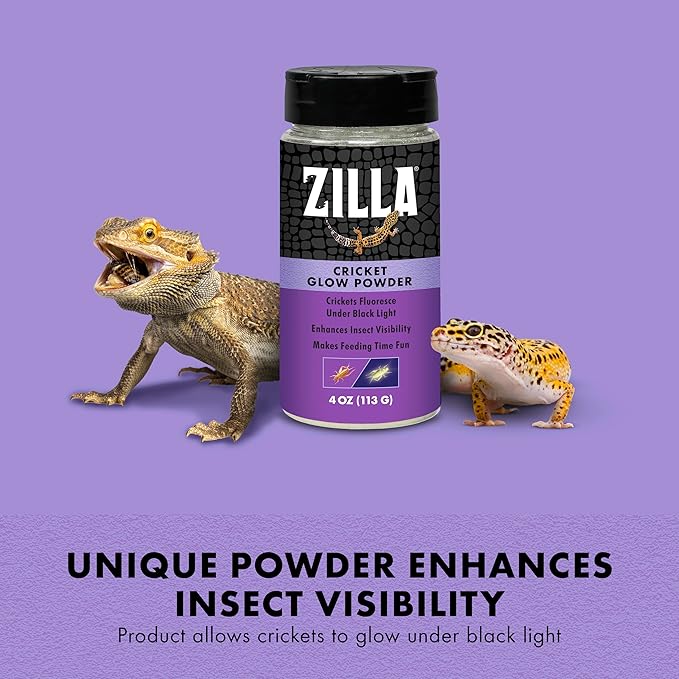 Zilla Cricket Glow Powder — add to Reptile Food for a Fun Twist, More exciting Than Plain Calcium Powder Fluoresces Under Black Light, Ideal for Insectivores, 4 Ounces