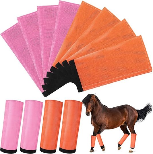 Set of 8 Mesh Fly Boots for Horse Breathable Mesh Horse Boots Protective Loose Wraps Adjustable for Preventing Legs Reduces Flies and Mosquitoes Bites(Orange, Pink,Yearling)