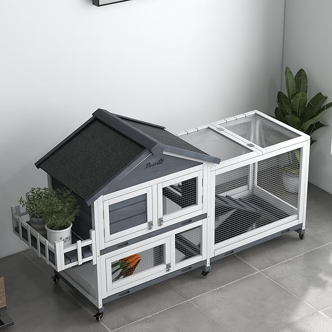 PawHut 65" Wooden Rabbit Hutch, Guinea Pig Hutch, Pet Playpen with Openable Roof, Bunny House Enclosure with Wheels, Storage Box, Slide-Out Tray, Ramp for Rabbits, Chickens, Ducks, Gray